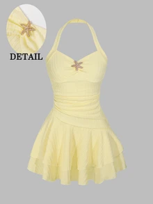 Sparklyn Teen Girls Elegant Yellow Textured Fabric Ruched Front Metallic Decor Layered Ruffle Hem Flirty Mini Dress Teen GirlBeach Vacation, Spring, Outfits - Yellow - View 4