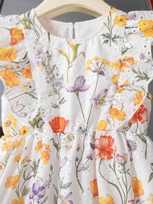 Genkimix Kids Cute Girls Multicolor Plants Pattern Short Flared Dress, Young Girls Round Neck Sleeveless A Line Vacation Dress With Flounce Sleeves - Multicolor - View 6