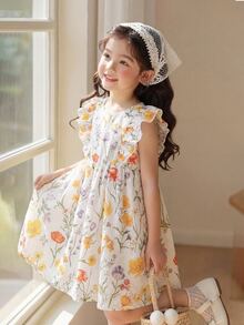 Genkimix Kids Cute Girls Multicolor Plants Pattern Short Flared Dress, Young Girls Round Neck Sleeveless A Line Vacation Dress With Flounce Sleeves - Multicolor - View 3
