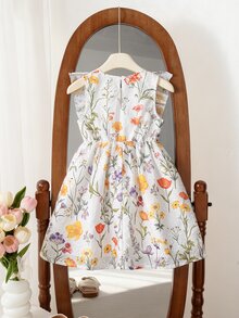 Genkimix Kids Cute Girls Multicolor Plants Pattern Short Flared Dress, Young Girls Round Neck Sleeveless A Line Vacation Dress With Flounce Sleeves - Multicolor - View 2
