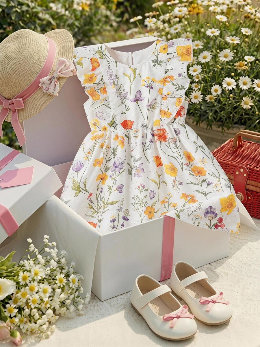 Genkimix Kids Cute Girls Multicolor Plants Pattern Short Flared Dress, Young Girls Round Neck Sleeveless A Line Vacation Dress With Flounce Sleeves - Multicolor - View 1