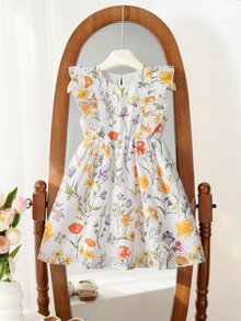 Genkimix Kids Cute Girls Multicolor Plants Pattern Short Flared Dress, Young Girls Round Neck Sleeveless A Line Vacation Dress With Flounce Sleeves - Multicolor - View 7