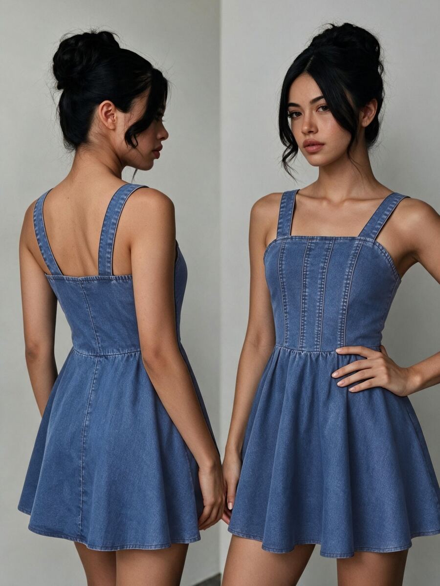 SHEIN 女童可爱甜美拼接A字下摆吊带连衣裙，夏季轻盈新品，水洗深牛仔蓝，休闲甜美街头风时尚度假设计，百搭简约拼接超大裙摆，无弹力松紧腰牛仔短裙，柔软舒适的棉质牛仔面料，适合日常穿着、聚会、派对、上学、通勤，春夏新品