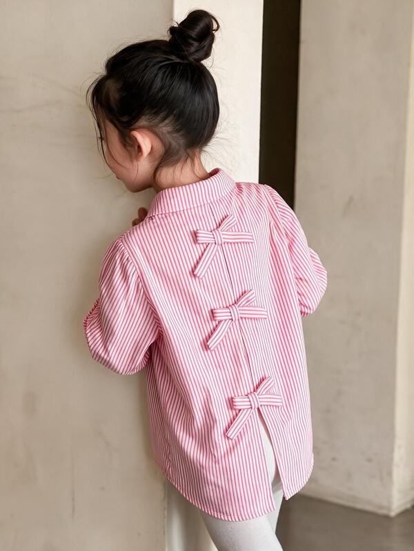 Elladie kids Young Girl Striped Print Bow Decor Casual Long Sleeve Blouse Girls With Bows Pink Shirt Back Tie Fall Winter