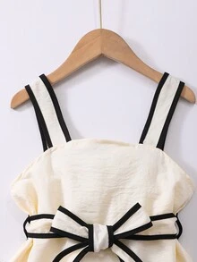 Tween Girls 2pcs/Set Short Sleeve Round Neck Camisole T-Shirt Mini Set,Black And White Stylish White Trim Top With Waist Belt Design & Shorts - Multicolor - View 4