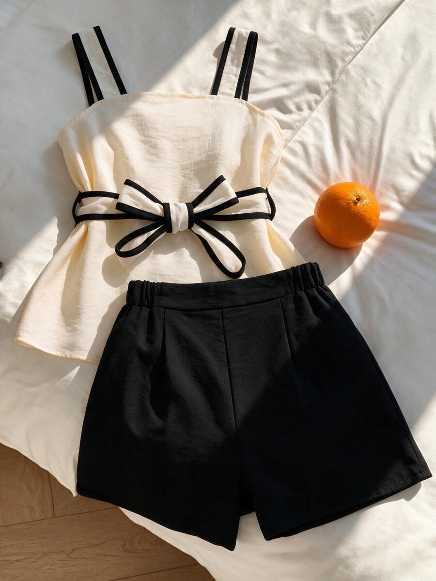 Tween Girls 2pcs/Set Short Sleeve Round Neck Camisole T-Shirt Mini Set,Black And White Stylish White Trim Top With Waist Belt Design & Shorts - Multicolor - View 1