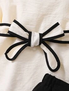 Tween Girls 2pcs/Set Short Sleeve Round Neck Camisole T-Shirt Mini Set,Black And White Stylish White Trim Top With Waist Belt Design & Shorts - Multicolor - View 5
