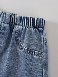 SHEIN 女童開學季淺藍色水洗破洞牛仔褲，蝴蝶結刺繡，寬鬆直筒版型，復古休閒時尚夏季秋季牛仔褲 - 中等水洗藍 - 查看 8