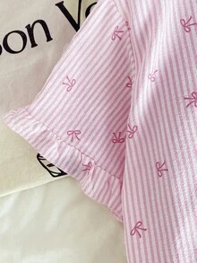 两件套荷叶边短袖上衣和短裤睡衣套装，适合年轻女孩，休闲、居家和娱乐穿着。 - 粉色 - 查看 8