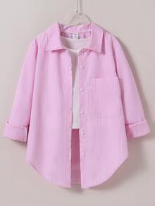 SHEIN 青少年女孩秋季上衣 粉色與白色條紋輕便防曬襯衫，度假、秋季、旅行、休閒、穿搭、舒適 - 粉色 - 查看 4