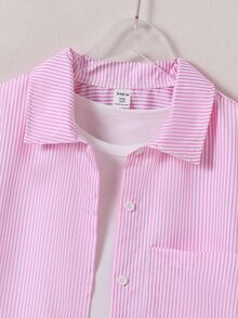 SHEIN 青少年女孩秋季上衣 粉色與白色條紋輕便防曬襯衫，度假、秋季、旅行、休閒、穿搭、舒適 - 粉色 - 查看 5