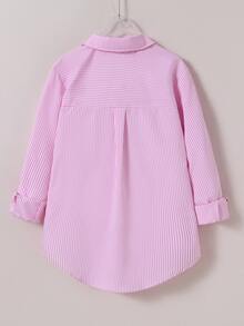 SHEIN 青少年女孩秋季上衣 粉色與白色條紋輕便防曬襯衫，度假、秋季、旅行、休閒、穿搭、舒適 - 粉色 - 查看 3