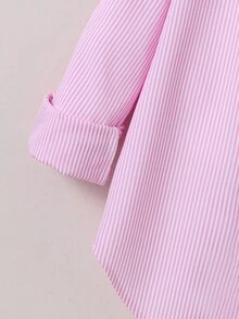 SHEIN 青少年女孩秋季上衣 粉色與白色條紋輕便防曬襯衫，度假、秋季、旅行、休閒、穿搭、舒適 - 粉色 - 查看 9