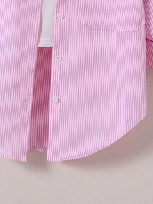 SHEIN 青少年女孩秋季上衣 粉色與白色條紋輕便防曬襯衫，度假、秋季、旅行、休閒、穿搭、舒適 - 粉色 - 查看 6