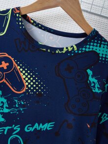 2pcs/ Autumn/Winter Set Boys' Video Game Print Long Sleeve Pajama Set - Navy Blue - View 6