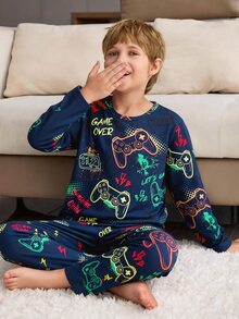2pcs/ Autumn/Winter Set Boys' Video Game Print Long Sleeve Pajama Set - Navy Blue - View 3