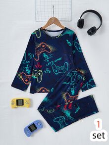 2pcs/ Autumn/Winter Set Boys' Video Game Print Long Sleeve Pajama Set - Navy Blue - View 4