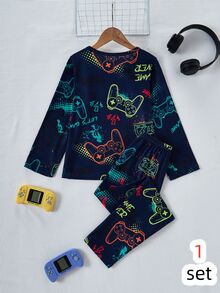 2pcs/ Autumn/Winter Set Boys' Video Game Print Long Sleeve Pajama Set - Navy Blue - View 2
