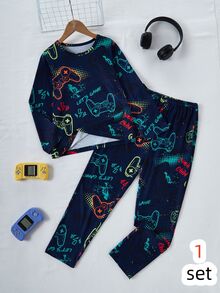 2pcs/ Autumn/Winter Set Boys' Video Game Print Long Sleeve Pajama Set - Navy Blue - View 8