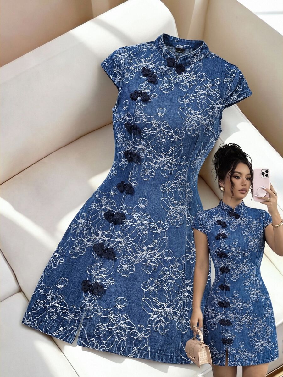 GlowEve Women's Floral Print Frog Button Design Cap Sleeve Elegant Denim Dress - Blue - View 1