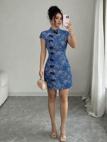 GlowEve Women's Floral Print Frog Button Design Cap Sleeve Elegant Denim Dress - Blue - View 4