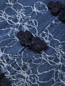 GlowEve Women's Floral Print Frog Button Design Cap Sleeve Elegant Denim Dress - Blue - View 5