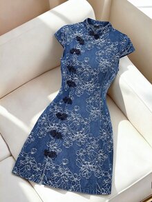 GlowEve Women's Floral Print Frog Button Design Cap Sleeve Elegant Denim Dress - Blue - View 2