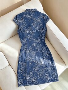 GlowEve Women's Floral Print Frog Button Design Cap Sleeve Elegant Denim Dress - Blue - View 3