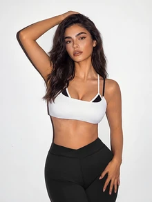 Slayform 1pc White Black Contrast Double Strap Sports Cami Top, Adjustable Cross Back, Square Neck, Slim Fit, For Yoga Fitness Summer - White - View 4