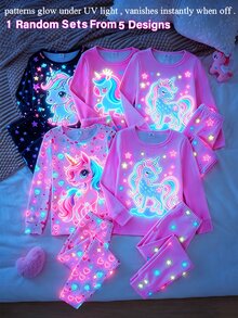 女童幼兒圓領長袖長褲粉黑發光獨角獸圖案軟針織修身秋季睡衣 嬰兒派對 母女套裝 - 彩色 - 查看 1