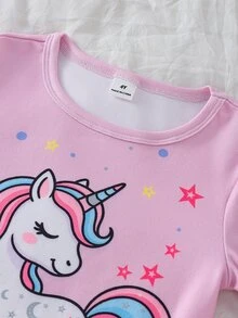 女童幼兒圓領長袖長褲粉黑發光獨角獸圖案軟針織修身秋季睡衣 嬰兒派對 母女套裝 - 彩色 - 查看 9