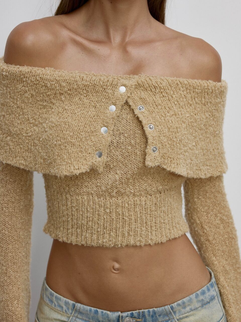 Off Shoulder Button Detail Textured Knit Longsleeve Top