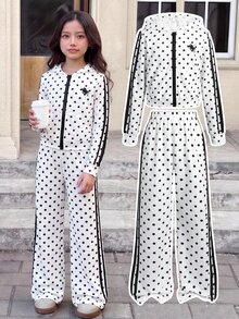 SHEIN Tween Girl Tween Girl Casual Daily Versatile Comfortable Polka Dot Print Hoodie And Pants Set Fall/Winter - Black and White - View 16