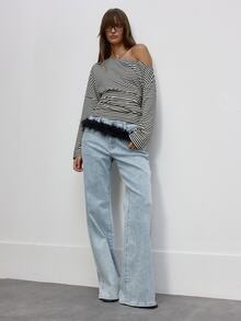 MUSERA Jeans de pierna ancha de cintura baja con lavado claro y efecto blanqueado, estilo lindo, dulce y travieso para uso diario en otoño, para chicas - Azul - Ver 6