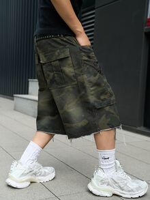 Manfinity EMRG Men's Casual Multi-Pocket Embroidered Cargo Camo Denim Shorts, Street Fashion - Army Green - View 5