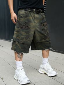 Manfinity EMRG Men's Casual Multi-Pocket Embroidered Cargo Camo Denim Shorts, Street Fashion - Army Green - View 7