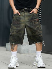 Manfinity EMRG Men's Casual Multi-Pocket Embroidered Cargo Camo Denim Shorts, Street Fashion - Army Green - View 8