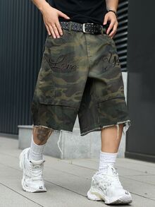 Manfinity EMRG Men's Casual Multi-Pocket Embroidered Cargo Camo Denim Shorts, Street Fashion - Army Green - View 6