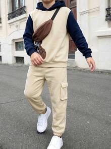 SHEIN 兒童青少年男孩休閒街頭時尚可愛圖案印花酷感連帽衛衣與運動長褲套裝，附配件包，買2送1，適合通勤、上學、日常休閒穿著、運動，秋冬款 - 卡其色 - 查看 1
