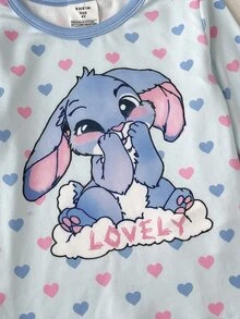 SHEIN 女童秋冬日常居家甜美卡通螢光愛心兔子印花長袖套頭上衣與配套長褲套裝，2件式女孩居家服套裝，淺藍色修身款 - 淺藍色 - 查看 6