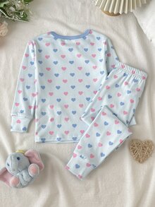 SHEIN 女童秋冬日常居家甜美卡通螢光愛心兔子印花長袖套頭上衣與配套長褲套裝，2件式女孩居家服套裝，淺藍色修身款 - 淺藍色 - 查看 4