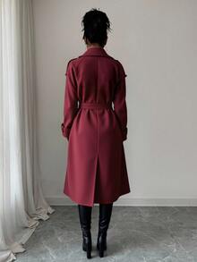 EURMUSE Aloruh New Windproof Coffee Color Versatile Extra Long Trench Coat With Decorative Stitching And Waist, Double-Breasted With Decorative Buttons And Oversized Collar, In British Style - Burgundy - View 2