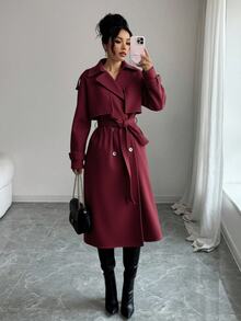 EURMUSE Aloruh New Windproof Coffee Color Versatile Extra Long Trench Coat With Decorative Stitching And Waist, Double-Breasted With Decorative Buttons And Oversized Collar, In British Style - Burgundy - View 3