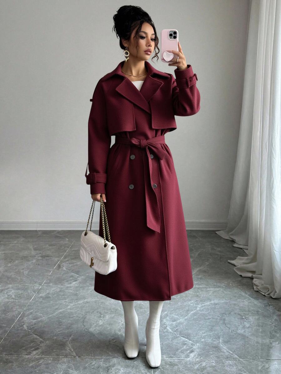 EURMUSE Aloruh New Windproof Coffee Color Versatile Extra Long Trench Coat With Decorative Stitching And Waist, Double-Breasted With Decorative Buttons And Oversized Collar, In British Style - Burgundy - View 1