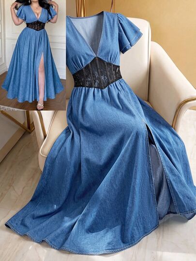 GlowEve CURVE Plus Size Women's Deep V-Neck Lace Patchwork Split Design Casual Party Denim Dress