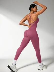 Slayform Slayform Women's Solid Color Elastic Crisscross Back Jumpsuit Y2k - Red Violet - View 2