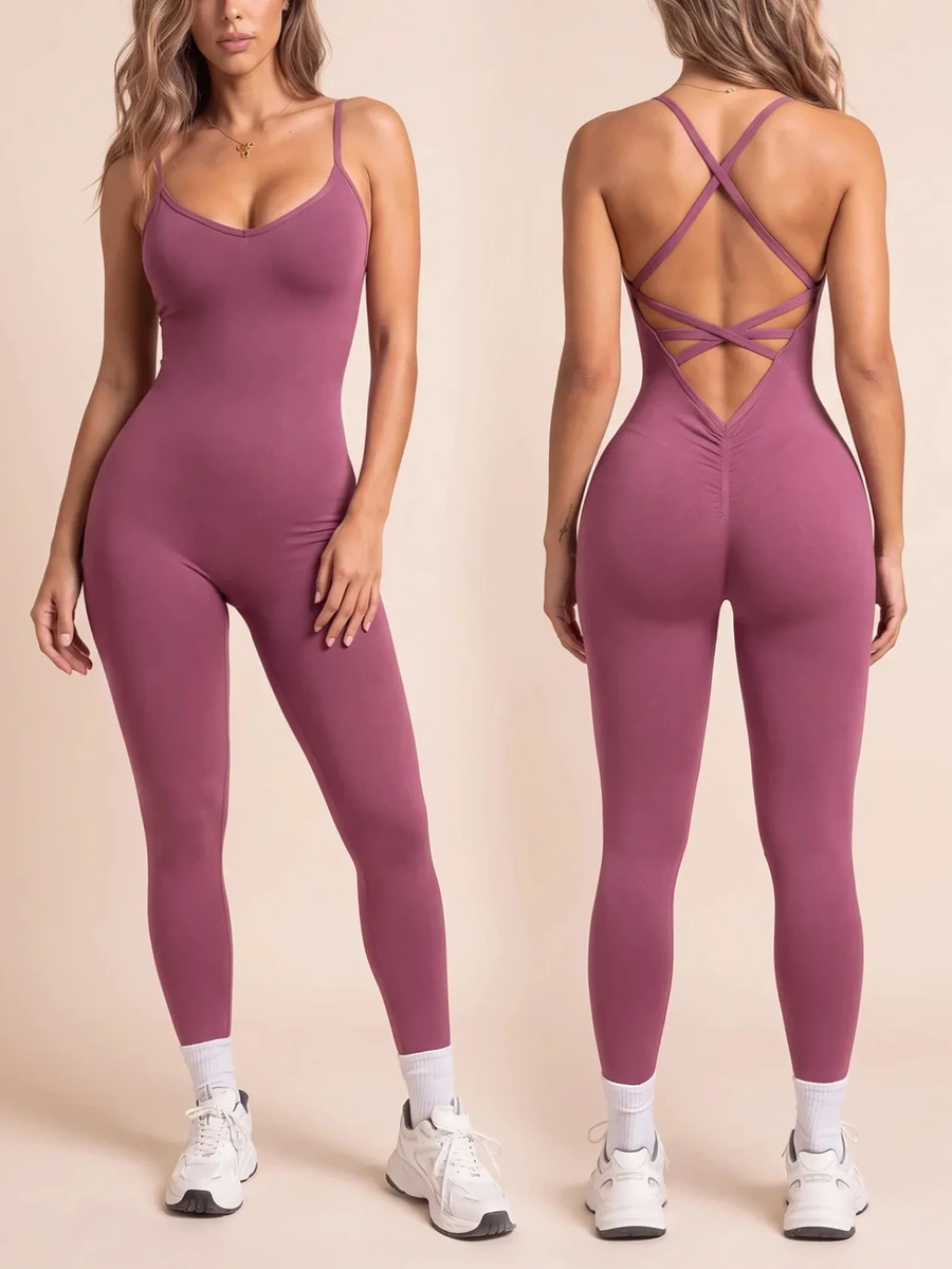 Slayform Slayform Women's Solid Color Elastic Crisscross Back Jumpsuit Y2k - Red Violet - View 1
