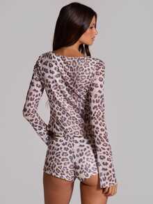 MUSERA Set Atasan Lengan Panjang Jala Motif Leopard dan Celana Pendek Mikro untuk Musim Panas dan Gugur, Cocok untuk Acara Festival, Gaya Keren, Furiosa - MultiWarna - View 4