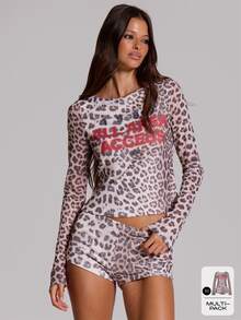 MUSERA Set Atasan Lengan Panjang Jala Motif Leopard dan Celana Pendek Mikro untuk Musim Panas dan Gugur, Cocok untuk Acara Festival, Gaya Keren, Furiosa - MultiWarna - View 2