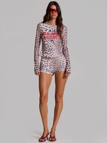 MUSERA Set Atasan Lengan Panjang Jala Motif Leopard dan Celana Pendek Mikro untuk Musim Panas dan Gugur, Cocok untuk Acara Festival, Gaya Keren, Furiosa - MultiWarna - View 1